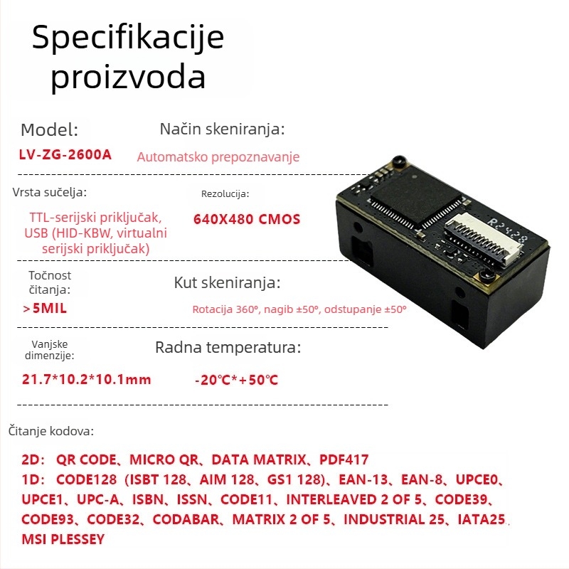 USB modul skenera bar-kodova 1D/QR, ugrađena glava za čitanje