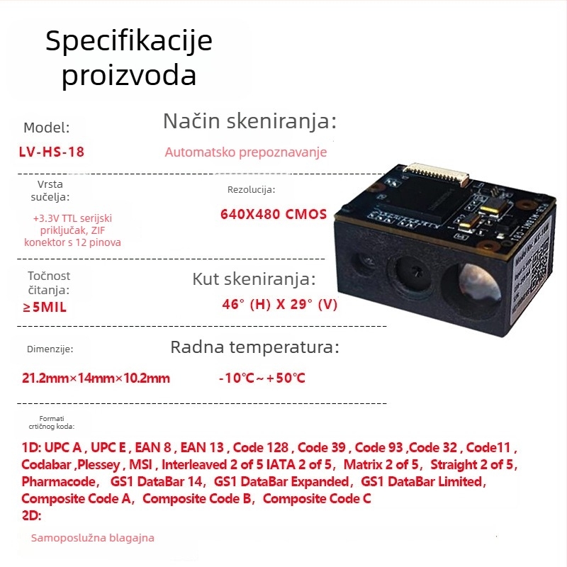 USB modul skenera bar-kodova 1D/QR, ugrađena glava za čitanje