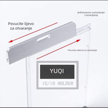 Držač kartice od aluminijske legure i akrila, s privjeskom, suvremeni minimalistički dizajn; veličina 90×73 mm; pogodan za studente, zaposlenike i promotore.
