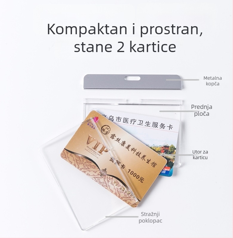 Držač kartice od aluminijske legure i akrila, s privjeskom, suvremeni minimalistički dizajn; veličina 90×73 mm; pogodan za studente, zaposlenike i promotore.