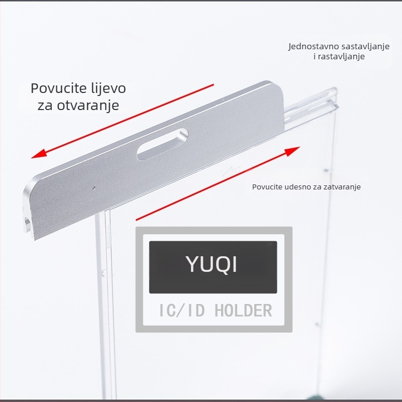 Držač kartice od aluminijske legure i akrila, s privjeskom, suvremeni minimalistički dizajn; veličina 90×73 mm; pogodan za studente, zaposlenike i promotore.