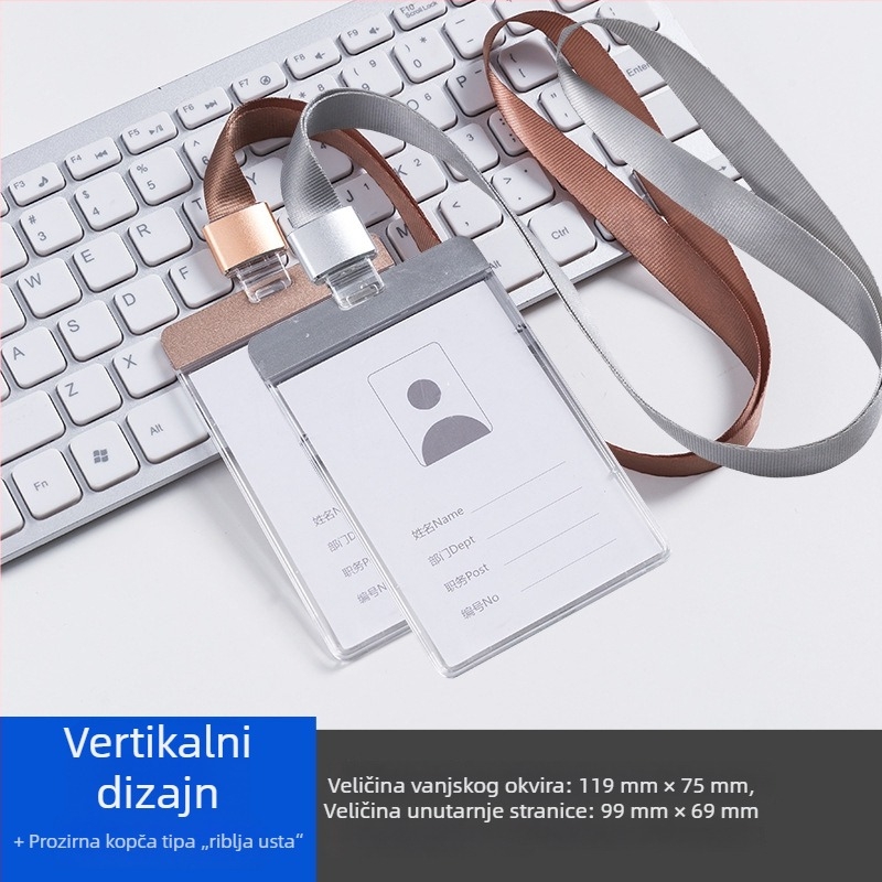 Držač kartice od aluminijske legure i akrila, s privjeskom, suvremeni minimalistički dizajn; veličina 90×73 mm; pogodan za studente, zaposlenike i promotore.
