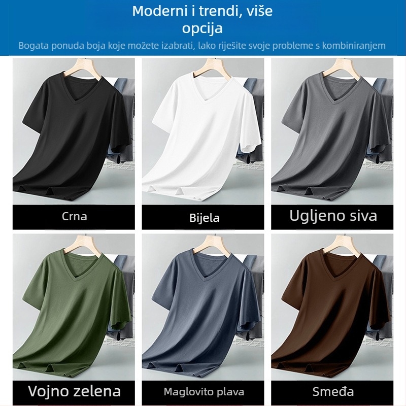 Muška majica od 100% pamuka s V izrezom, ljeto, uski kroj, jednobojna boja, casual stil, korejski stil