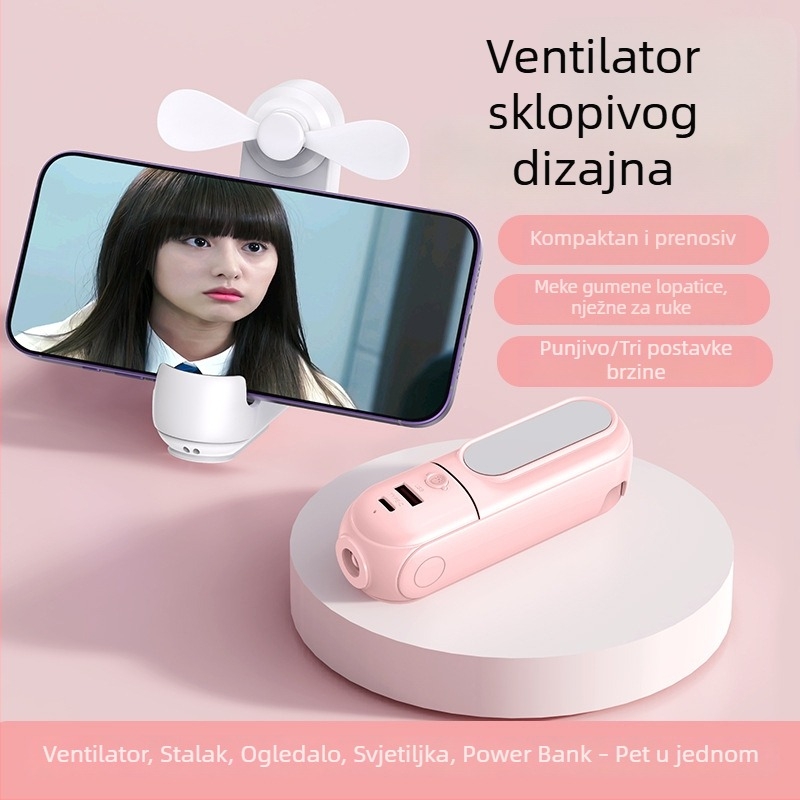 2025 nova ručna mini ventilator, USB, za vanjsku upotrebu, višenamjenski, sklopivi i prijenosni, uz ogledalo