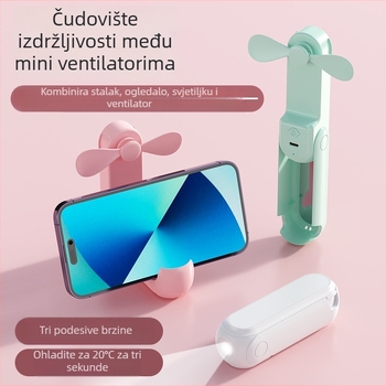 Sklopivi mini ručni ventilator USB punjivi uz ogledalo i držač za telefon — prijenosni stolni, 2 lopatice, 3 brzine, tih