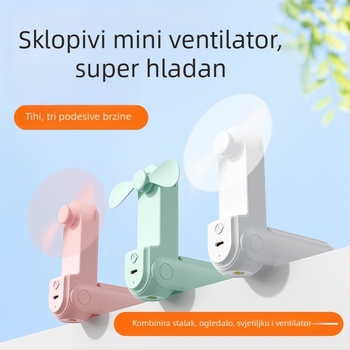 Sklopivi mini ručni ventilator USB punjivi uz ogledalo i držač za telefon — prijenosni stolni, 2 lopatice, 3 brzine, tih