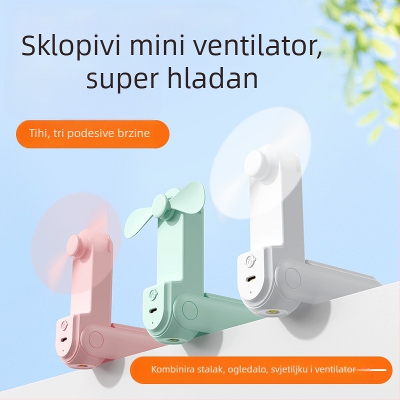 Sklopivi mini ručni ventilator USB punjivi uz ogledalo i držač za telefon — prijenosni stolni, 2 lopatice, 3 brzine, tih