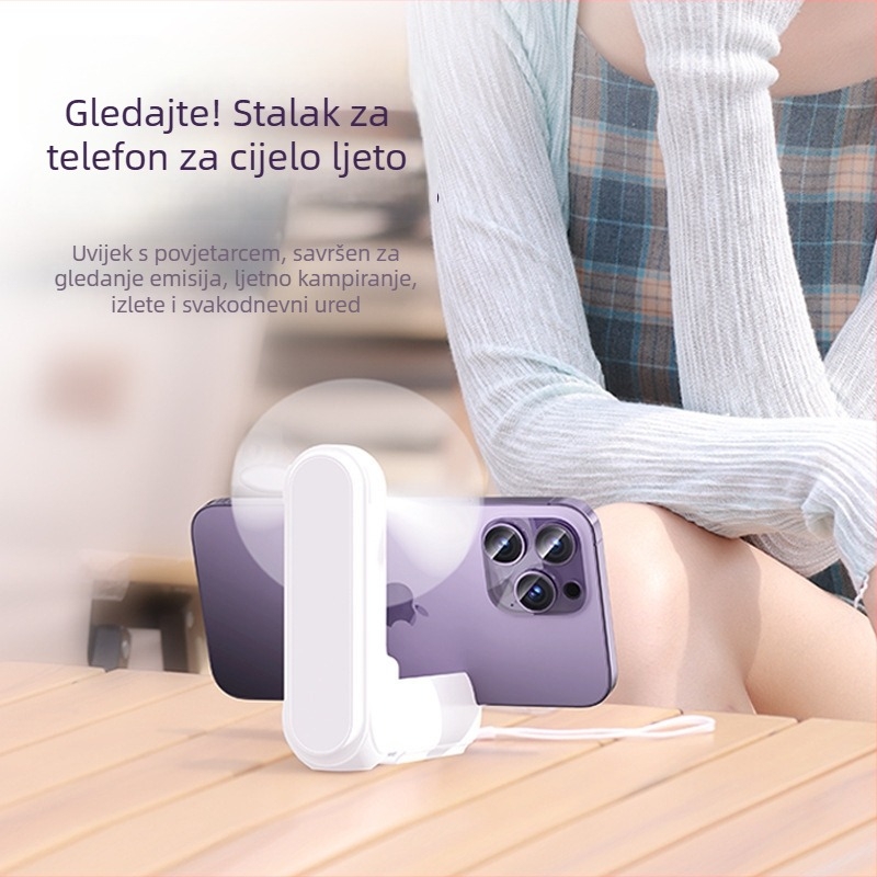 Sklopivi mini ručni ventilator USB punjivi uz ogledalo i držač za telefon — prijenosni stolni, 2 lopatice, 3 brzine, tih