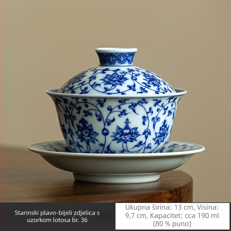 Jingdezhen gaiwan set plavo-bijelog porculana, trodijelni čajni set, ceremonijalna čajna zdjela i posuda za infuziju, keramički Kung Fu čajni pribor, lagani luksuz