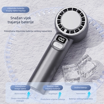 USB punjivi ručni ventilator s digitalnim zaslonom, kućište u stilu ogledala, tih rad, 4 brzine, ugrađena baterija 1200–2000mAh, do 6 sati rada