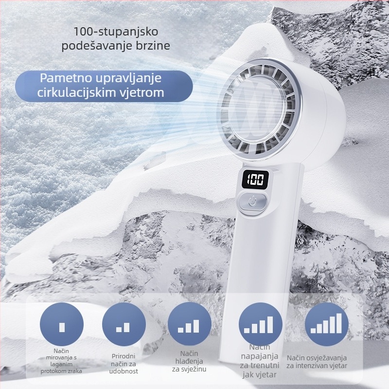 USB punjivi ručni ventilator s digitalnim zaslonom, kućište u stilu ogledala, tih rad, 4 brzine, ugrađena baterija 1200–2000mAh, do 6 sati rada