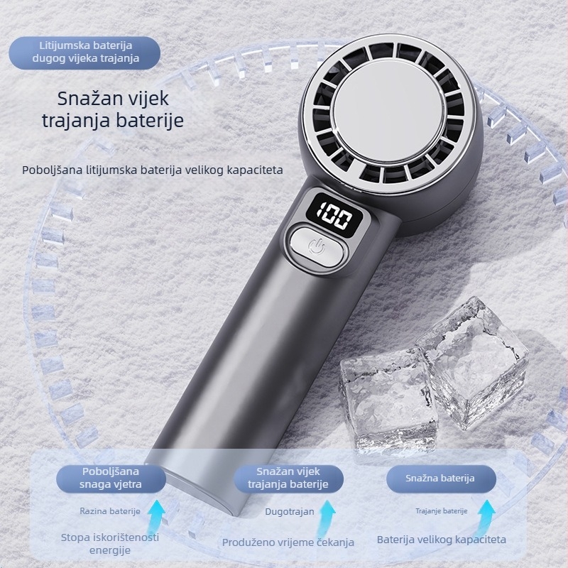 USB punjivi ručni ventilator s digitalnim zaslonom, kućište u stilu ogledala, tih rad, 4 brzine, ugrađena baterija 1200–2000mAh, do 6 sati rada