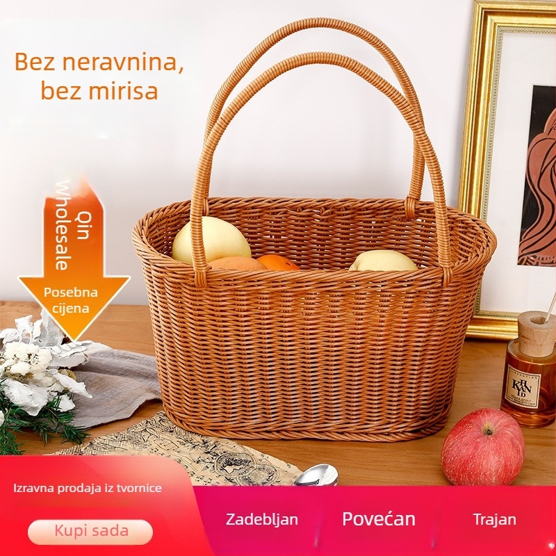 Koš od imitacije ratana za voće i povrće s ručkom, pleteni visok koš u seoskom stilu, košarica za kupovinu