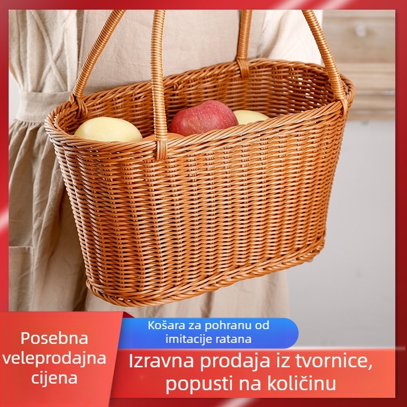 Koš od imitacije ratana za voće i povrće s ručkom, pleteni visok koš u seoskom stilu, košarica za kupovinu