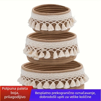 Tri okrugla košare za pohranu od pamukog konca s resicama, u seoskom stilu