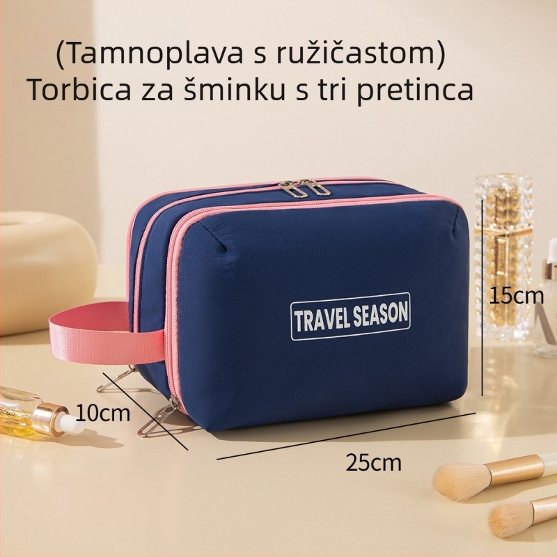 Velur torbica za putovanja s tri pretinca, za kozmetiku i higijenske potrepštine, u kontrastnim bojama