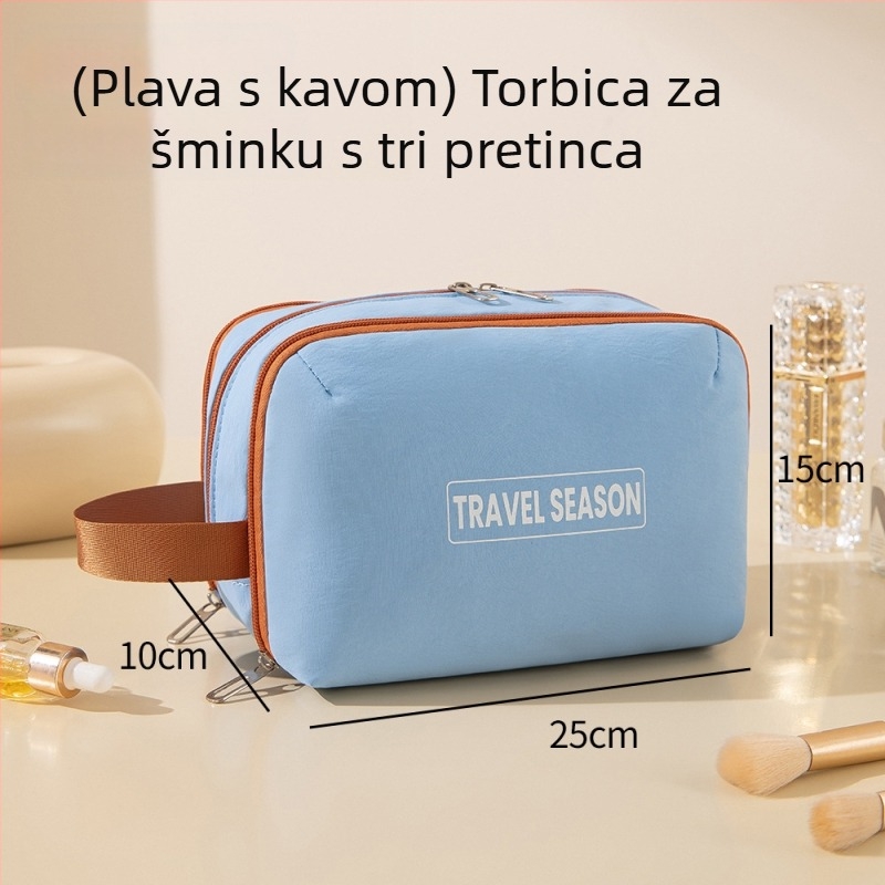 Velur torbica za putovanja s tri pretinca, za kozmetiku i higijenske potrepštine, u kontrastnim bojama