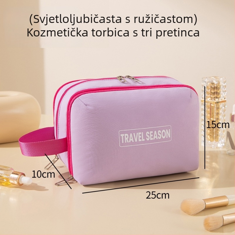 Velur torbica za putovanja s tri pretinca, za kozmetiku i higijenske potrepštine, u kontrastnim bojama
