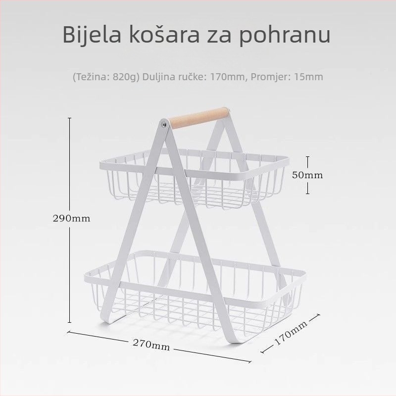 Kovana dvostruka košara za voće i skladišni stalak, pogodna za kuhinju i vanjsku uporabu, s odvojivim košem