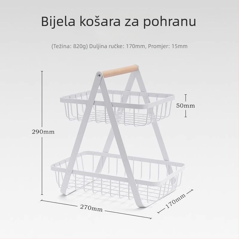 Kovana dvostruka košara za voće i skladišni stalak, pogodna za kuhinju i vanjsku uporabu, s odvojivim košem
