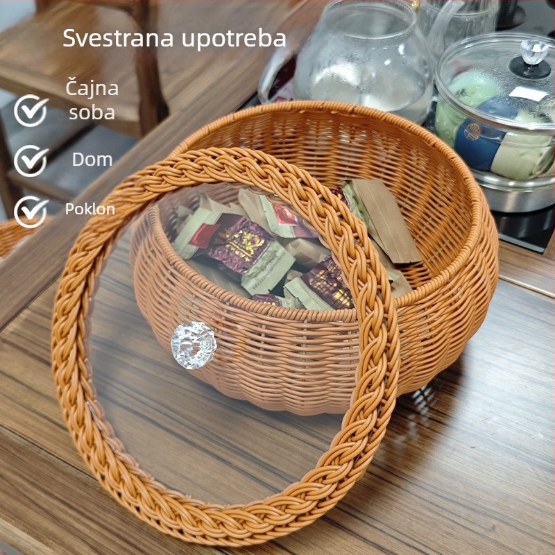 Koš za voće od imitacijskog ratana, ručno izrađeni okrugli koš za jaja s poklopcem, pleteni stolni spremnik za grickalice u dnevnom boravku