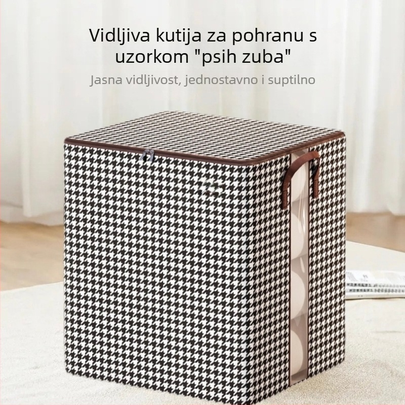 Kutija za pohranu od netkanog materijala sa zatvaračem, uzorak houndstooth, dimenzije 45×38×45 cm, kapacitet 90–100 L, sklopa, za odjeću i igračke