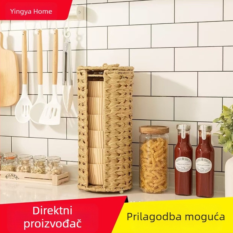 Košara od ratana s poklopcem, kuhinjski organizator za tanjure i šalice, držač salvete i rola kuhinjskog papirnatog ubrusa