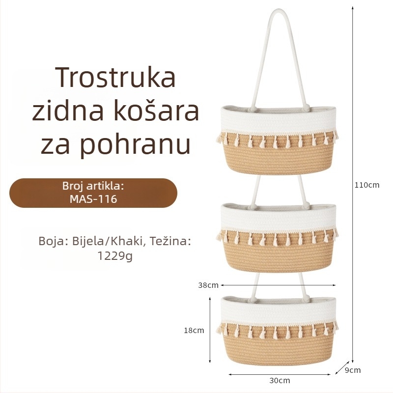 Nordijski trostruki zidni koš za pohranu, pleten od pamukovog užeta, za kućnu dekoraciju i organizaciju kuhinje.
