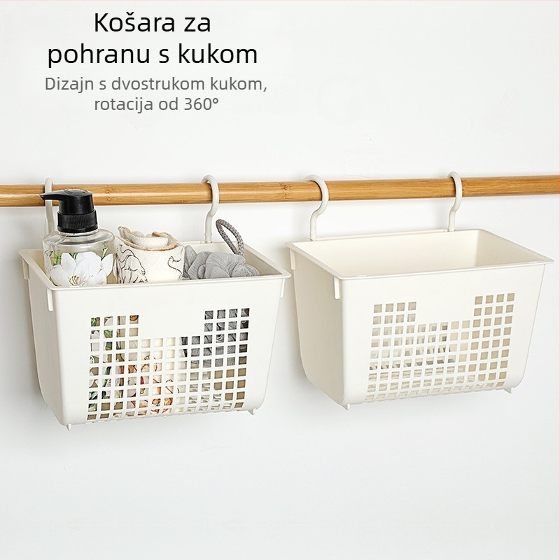 Viseći koš za pohranu s dvostrukim kukama — plastični organizator za kupaonicu, kuhinju i spavaću sobu.