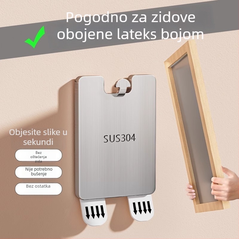 Alat za vješanje slika bez bušenja rupa; nehrđajući čelični držači i ljepke za zid; nosivost do 3–5 kg