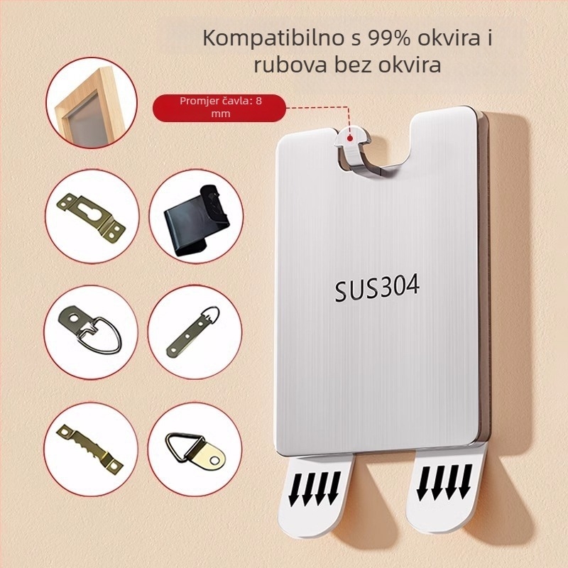 Alat za vješanje slika bez bušenja rupa; nehrđajući čelični držači i ljepke za zid; nosivost do 3–5 kg