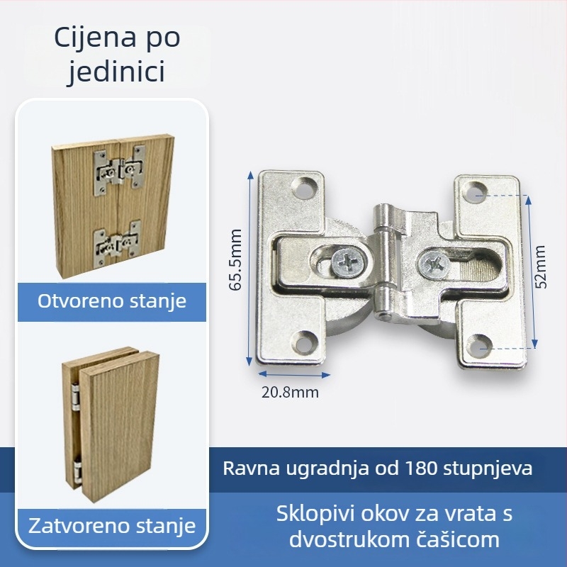 Šarnir s dvostrukom čašom, 180° otvaranje, za ormariće i garderobe, cinkova legura
