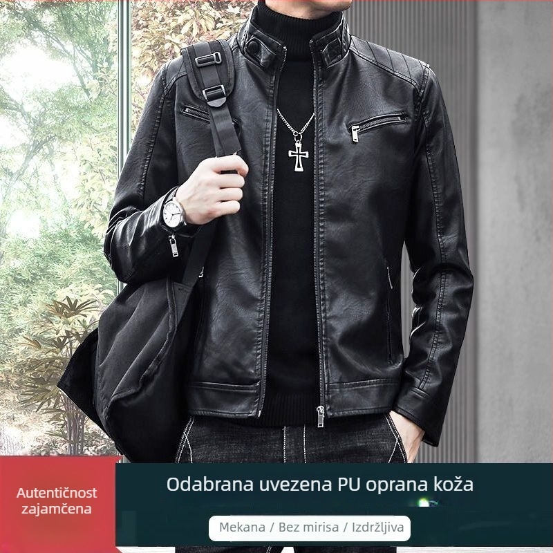 Muška tanka jakna od ovčje kože, za proljeće i jesen, korejskog stila, s fleecem podstavom, moto kožna jakna za mlade