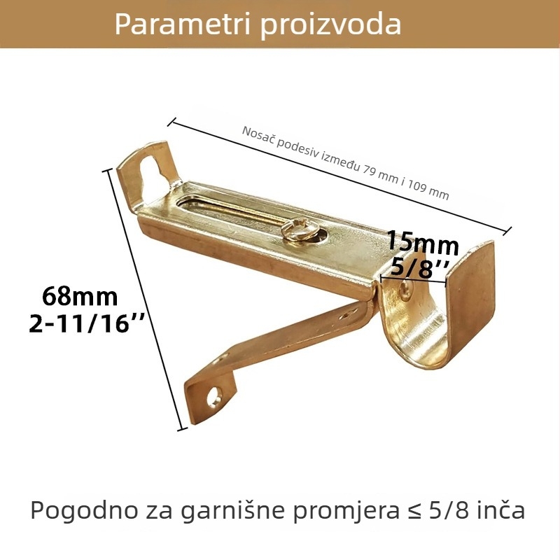 Prilagodljivi teleskopni nosač za zavjesnu šipku promjera 15 mm, baza za jednu šipku, pozlaćeno