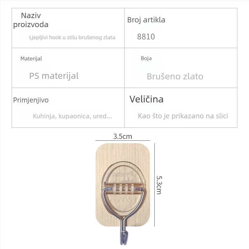 8810 Kuka za zid s ljepilom, bez bušenja, brušeni zlatni završetak, set od 3 komada