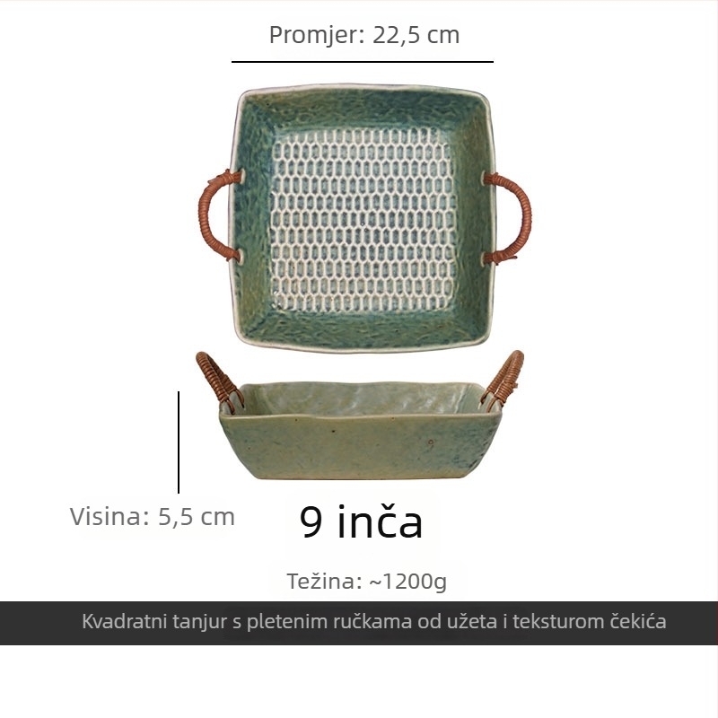 Japanskog stila pladanj od grube keramike s dvije ručke, ručno pleten konopni uže, pladanj za povrće i voće, kućanski posuđe u stilu wabi-sabi
