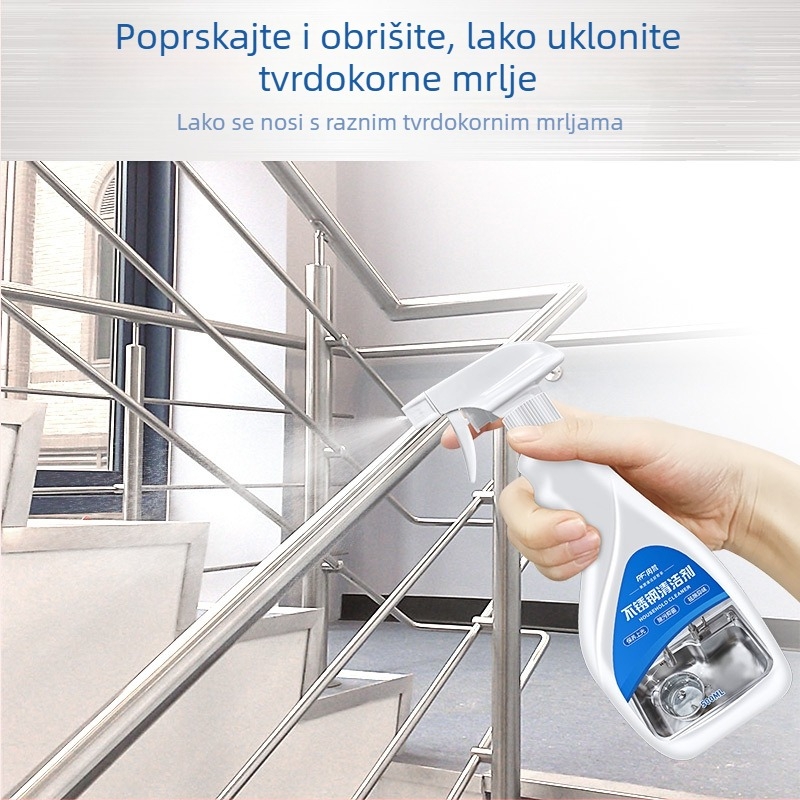 Čistač nehrđajućeg čelika za stepenice, lifte, posuđe, vrata i prozore — snažno uklanjanje mrlja, uklanjanje kamenca, zaštita od prljavštine, obnova i održavanje.