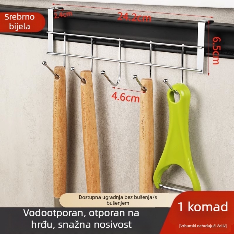 Organizator od nehrđajućeg čelika za stražnju stranu vrata ormarića, s 5 kukica za spatule i žlice, bez bušenja