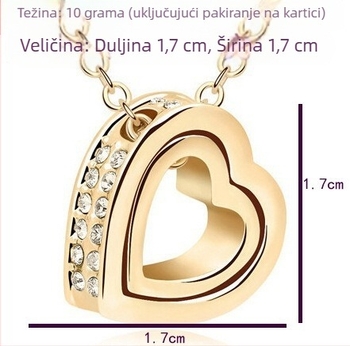 Ogrlica s dvostrukim srcem i O-oblikom lanca, s ugrađenim kamenjem, višeslojna, podesiva duljina 21–50 cm