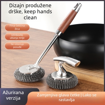 Četka za čišćenje posuđa od nehrđajućeg čelika, s ručkom od ružinog drveta, dugačka drška za lonce i tanjure