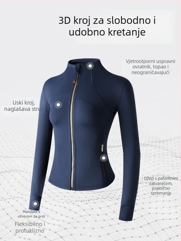 Jesen-zimska joga jakna sa stojećim ovratnikom i zatvaračem, prozračna, uskog kroja za žene