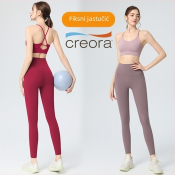 Ženski joga set s prekriženim tankim naramenicama i ugrađenim košaricama, visokim strukom za podizanje bokova, kontrolom trbuha, prozračan i tijesan za trčanje i fitness