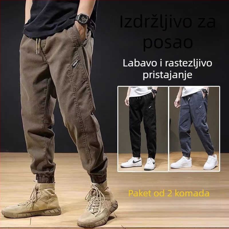 Set od 2 komada elastičnih pamučnih radnih hlača, otpornih na habanje, prozračnih, osnovne muške radne hlače, stil jogger hlače