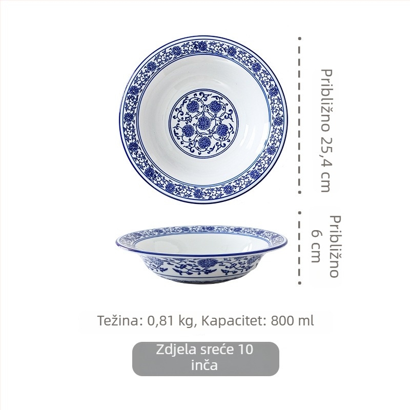 Plavo-bijele porcelanske zdjele za rezance i juhe — velike zdjele za posluživanje za vruću posudu, kiselu ribu i kozice, kućna i komercijalna uporaba