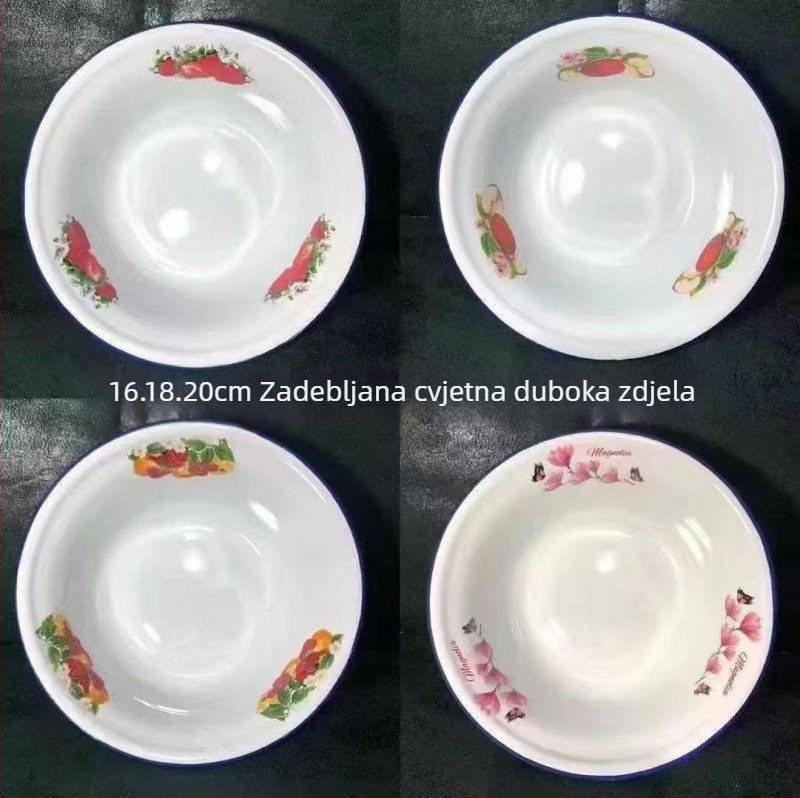 Emalirano porcelansko duboko zdjele kvadratnog oblika s cvjetnim uzorkom, debeli rub, rolirani rub, promjer 16–17 cm, pogodno za mikrovalnu pećnicu.