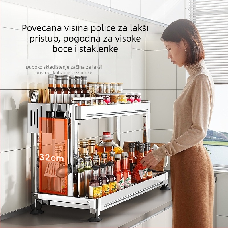 Stalak za začine od 304 nehrđajućeg čelika, kuhinjski pult, dvostruki sloj, spremnik za ulje i sol