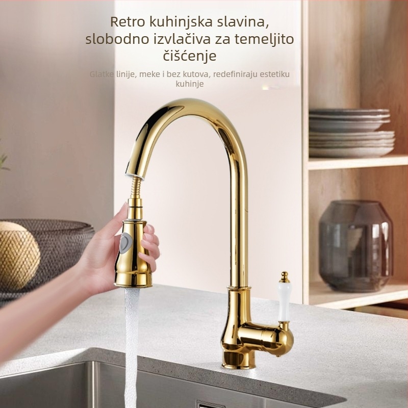 Zlatno bakreni kuhinjski izvlačni slavina s toplom i hladnom vodom, francuski retro stil, kućna upotreba