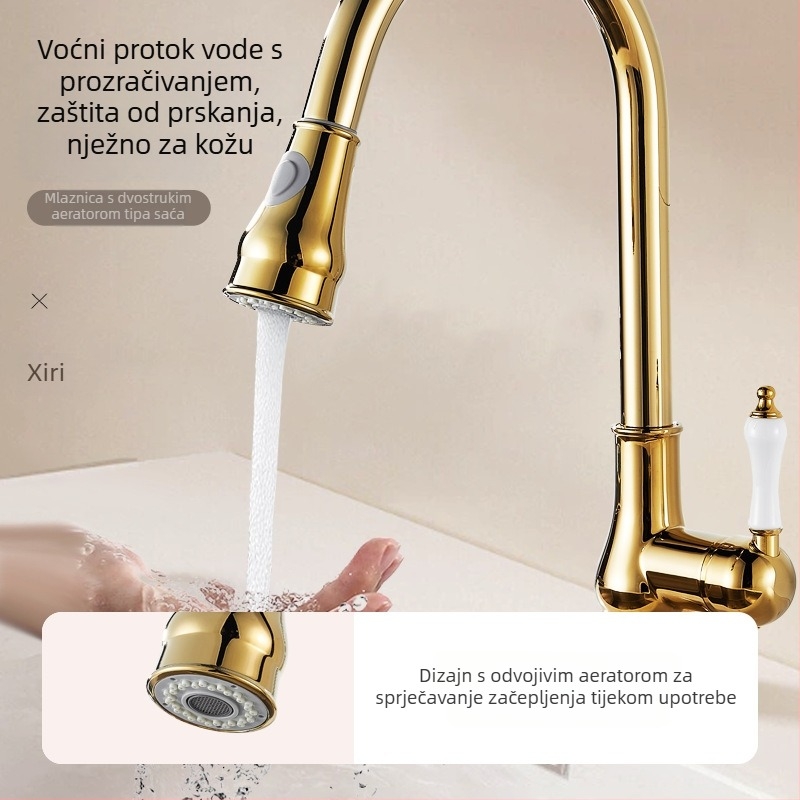 Zlatno bakreni kuhinjski izvlačni slavina s toplom i hladnom vodom, francuski retro stil, kućna upotreba