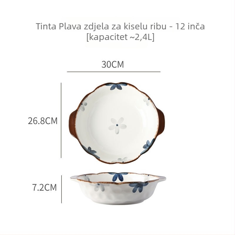 Velika keramička posuda za ribu sa kiselim kupusom, okrugla zdjela za juhu s dvostrukim ručkama, retro stil, promjer 11–11,9 cm
