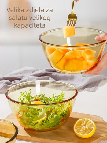 Staklena zdjela od borosilikatnog stakla, otporna na visoke temperature, velike kapacitete; pogodna za voćnu salatu, rezance, pečenje, mućenje jaja, mijesenje tijesta i juhe.